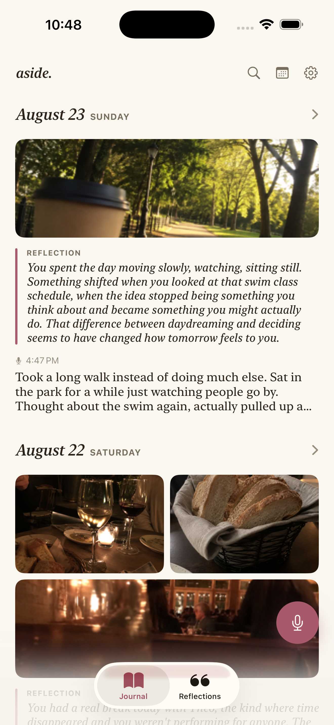 Aside's Journal feed, showing a voice entry with a photo and a quiet reflection